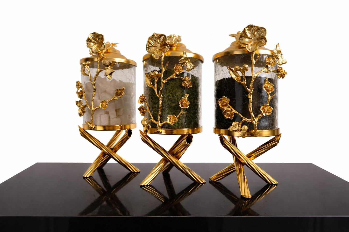 Luxury Gold Canister Set | 3 Piece Kitchen Storage Jar Set with Floral Design
