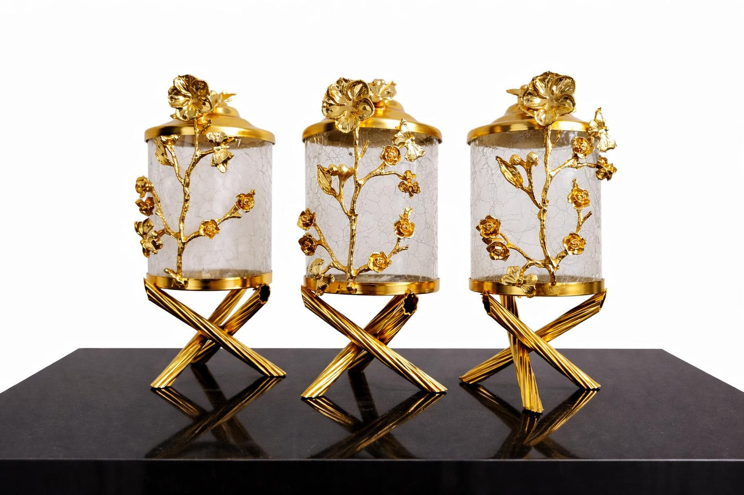 Luxury Gold Canister Set | 3 Piece Kitchen Storage Jar Set with Floral Design