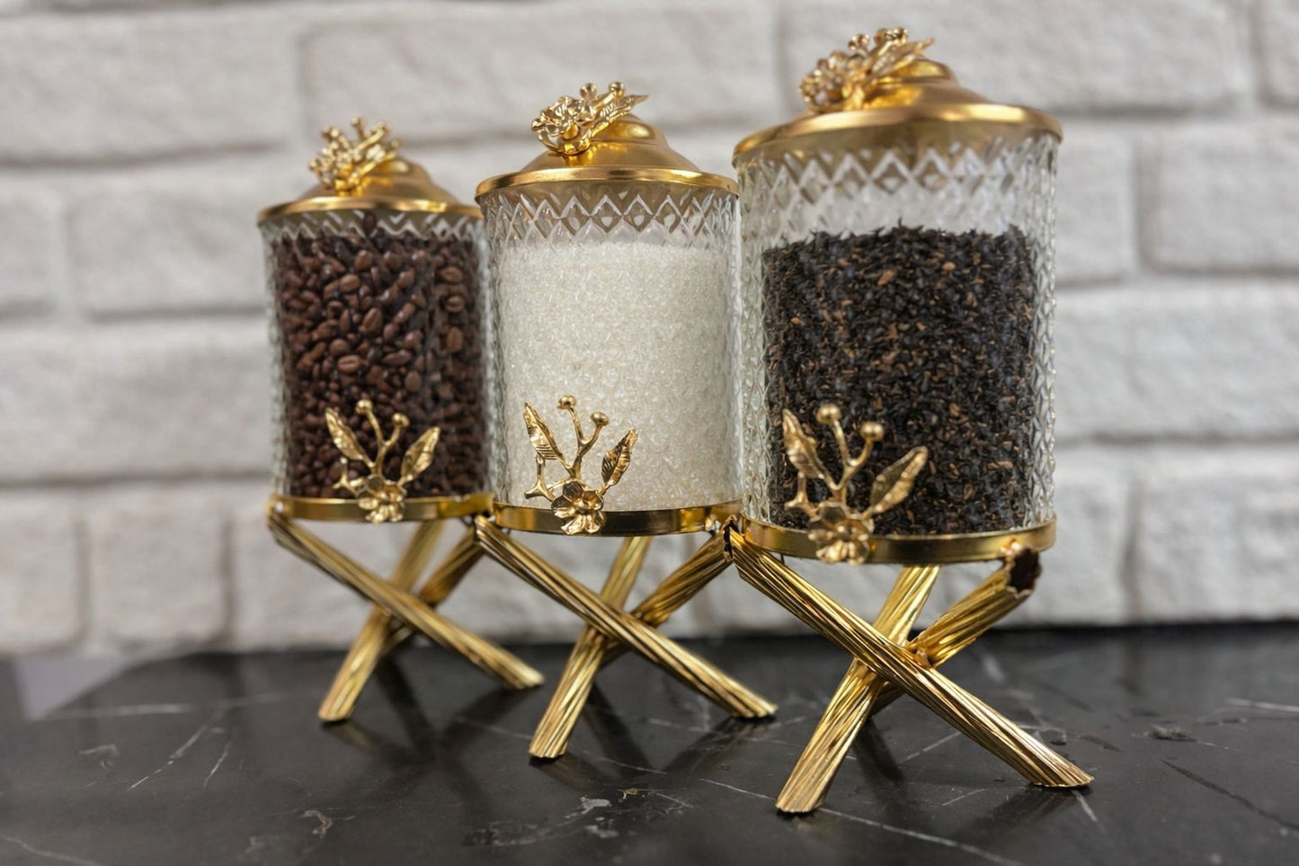 Gold Glass Canister Set | 3 Piece Crystal Storage Jars for Coffee, Tea & Sugar with Decorative Stands