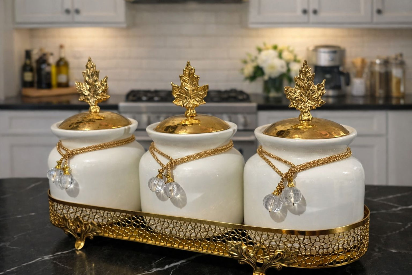 Luxury 3-Piece Porcelain Gold Canister Set – Premium Kitchen Storage for Coffee, Tea & Sugar