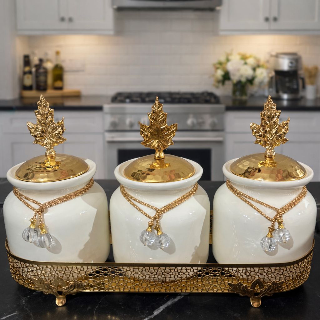 Luxury 3-Piece Porcelain Gold Canister Set – Premium Kitchen Storage for Coffee, Tea & Sugar