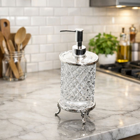 Silver Crystal Glass Soap Dispenser - Premium Diamond Cut Design for Kitchen & Bathroom