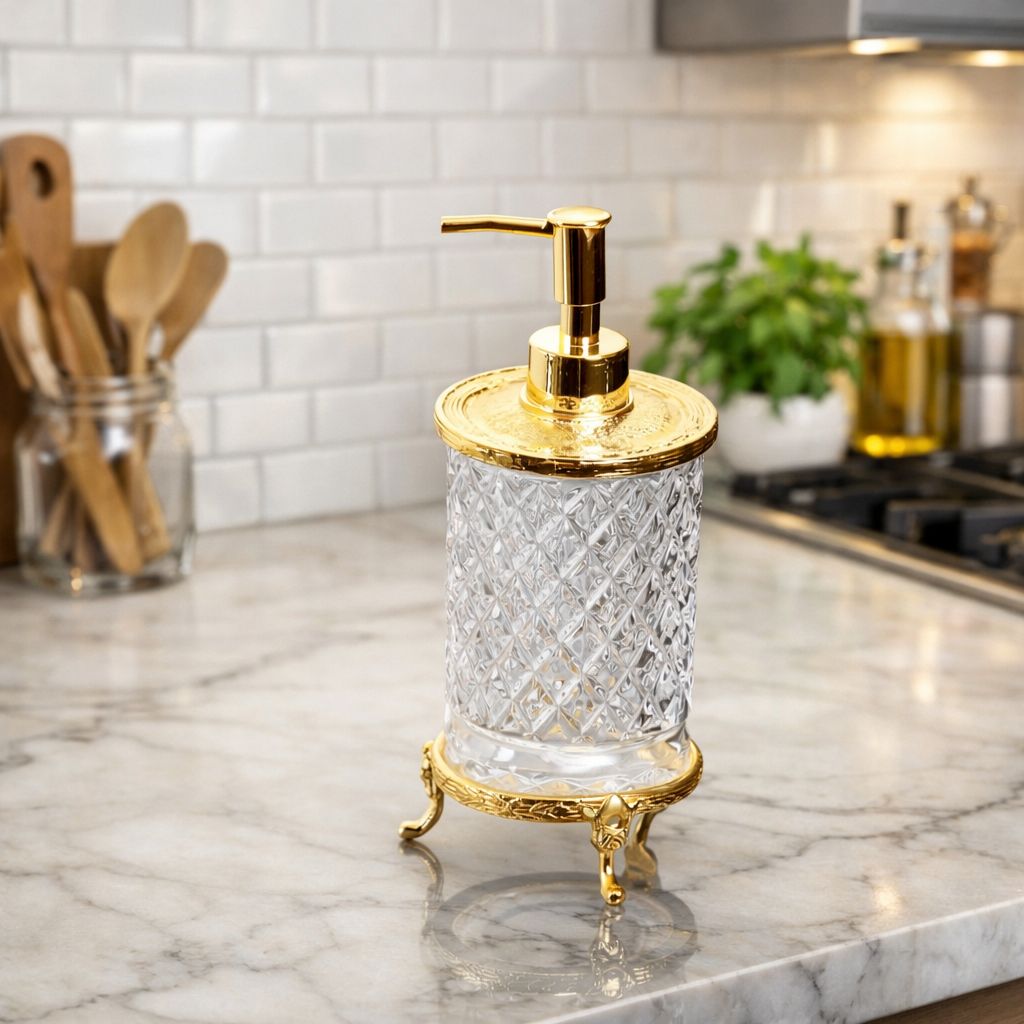 Gold Crystal Glass Soap Dispenser - Premium Diamond Cut Design for Kitchen & Bathroom