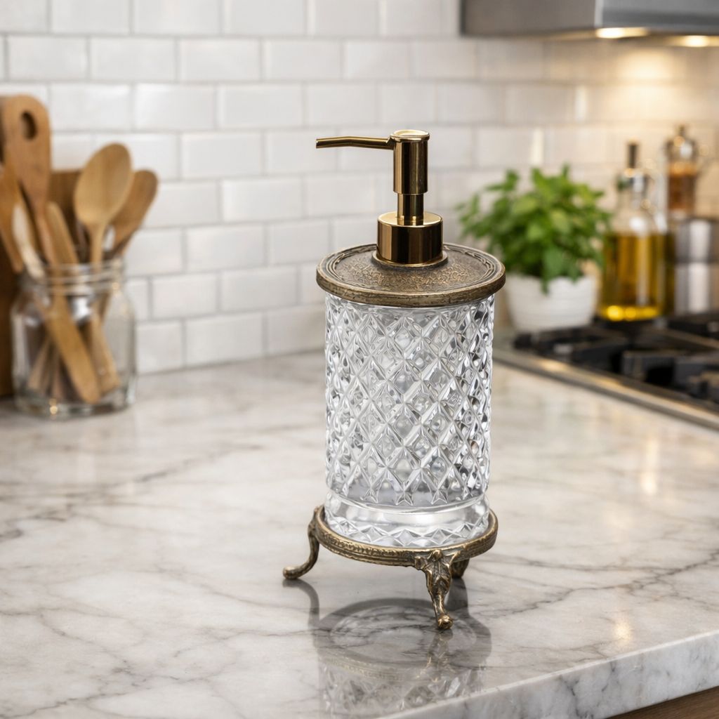 Gold Crystal Glass Soap Dispenser - Premium Diamond Cut Design for Kitchen & Bathroom