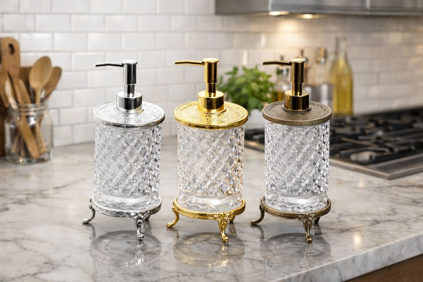Gold Crystal Glass Soap Dispenser - Premium Diamond Cut Design for Kitchen & Bathroom
