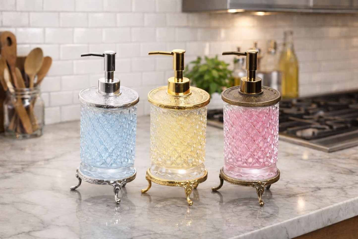 Gold Crystal Glass Soap Dispenser - Premium Diamond Cut Design for Kitchen & Bathroom