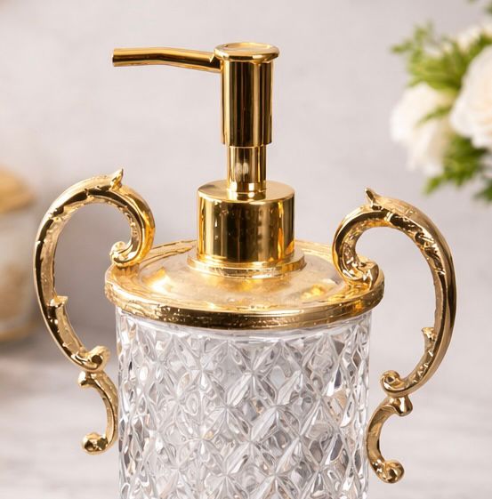 Gold Crystal Glass Soap Dispenser with Ornate Handles | Premium Diamond Cut Design for Kitchen & Bathroom