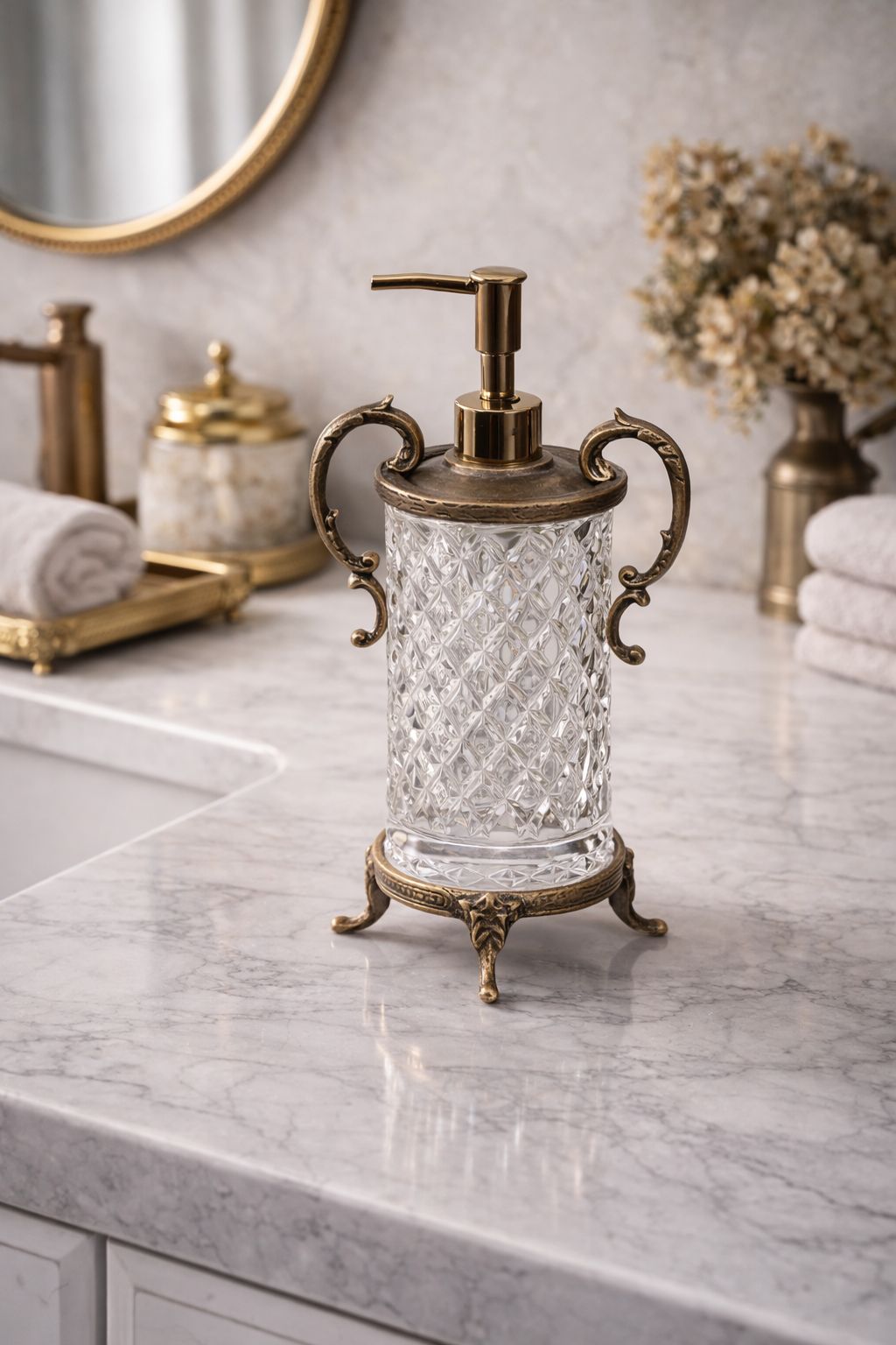 Gold Crystal Glass Soap Dispenser with Ornate Handles | Premium Diamond Cut Design for Kitchen & Bathroom