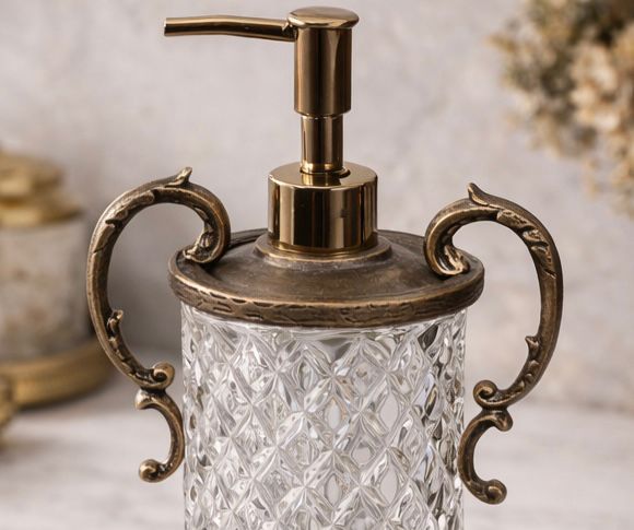 Gold Crystal Glass Soap Dispenser with Ornate Handles | Premium Diamond Cut Design for Kitchen & Bathroom