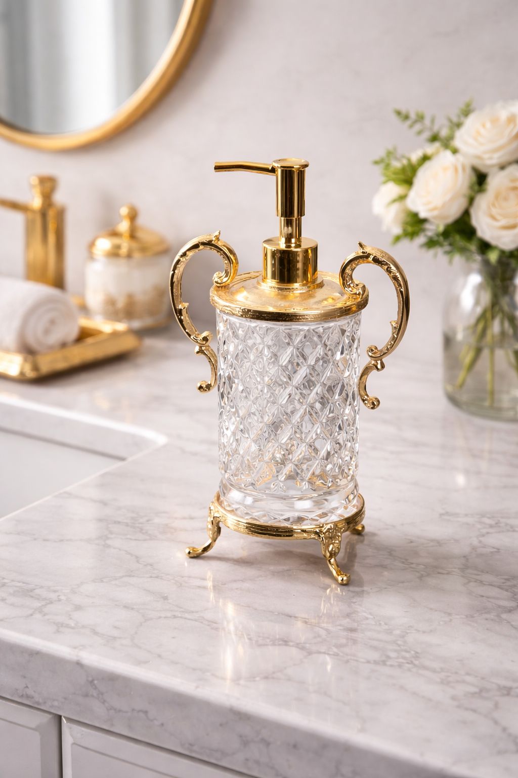 Gold Crystal Glass Soap Dispenser with Ornate Handles | Premium Diamond Cut Design for Kitchen & Bathroom