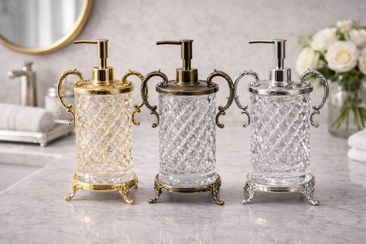 Crystal Glass Soap Dispenser with Ornate Handles | Premium Diamond Cut Design for Kitchen & Bathroom