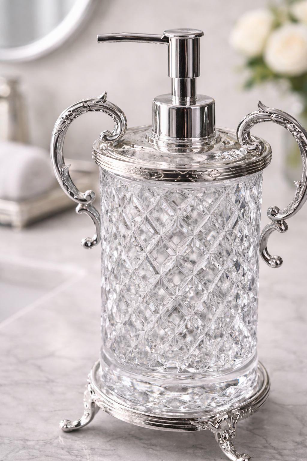 Gold Crystal Glass Soap Dispenser with Ornate Handles | Premium Diamond Cut Design for Kitchen & Bathroom