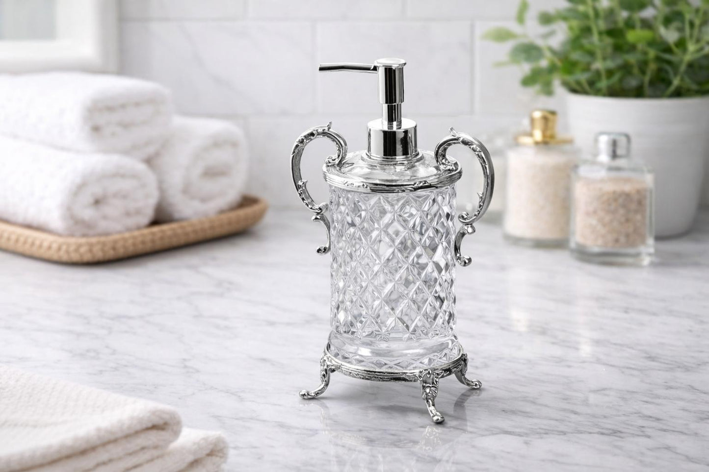 Gold Crystal Glass Soap Dispenser with Ornate Handles | Premium Diamond Cut Design for Kitchen & Bathroom