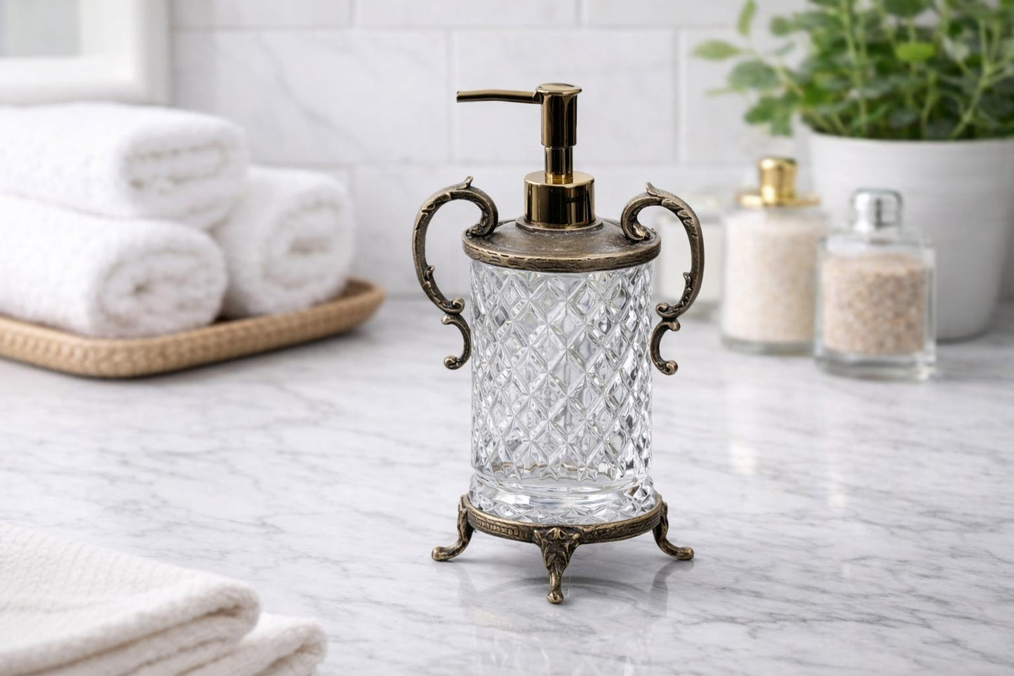 Gold Crystal Glass Soap Dispenser with Ornate Handles | Premium Diamond Cut Design for Kitchen & Bathroom