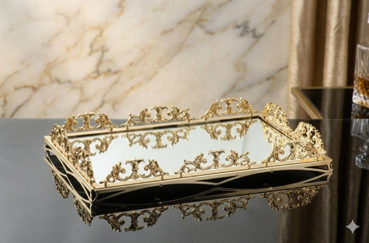 Large Mirrored Gold Vanity Tray - Decorative Serving Tray for Perfume, Jewelry & Makeup Organizer