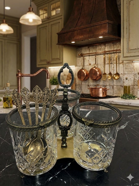 Crystal Glass Spoon Holder Gold | Elegant Kitchen Utensil Organizer & Bathroom Toothbrush Holder