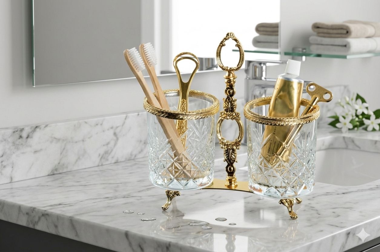 Antique Dual Crystal Glass Spoon Holder | 2 Compartment Kitchen Utensil Organizer