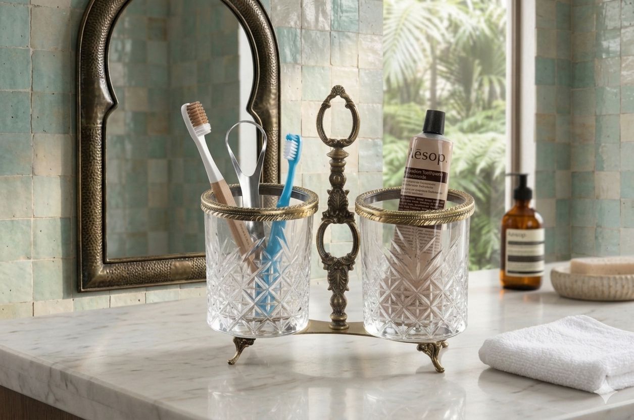 Antique Dual Crystal Glass Spoon Holder | 2 Compartment Kitchen Utensil Organizer
