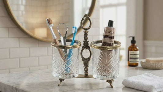 Crystal Toothbrush Holder, Vintage Gold Bathroom Organizer, Vanity Caddy
