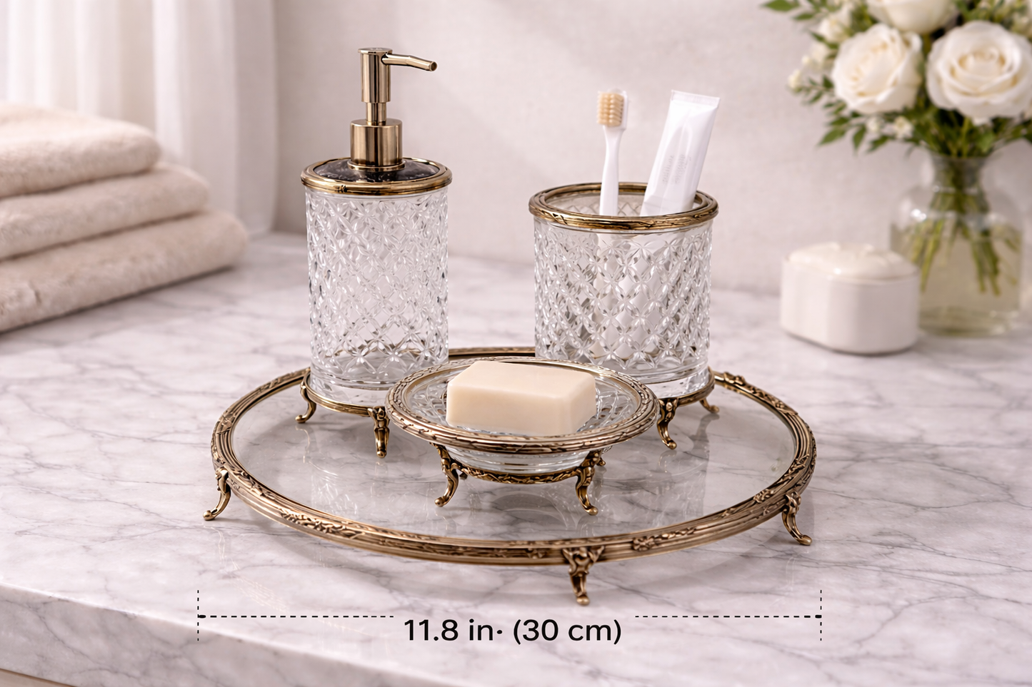 Luxury Antique 4 Piece Bathroom Accessory Set | Crystal Glass with Ornate Metal Stand | Soap Dispenser, Dish, Toothbrush Holder & Tray