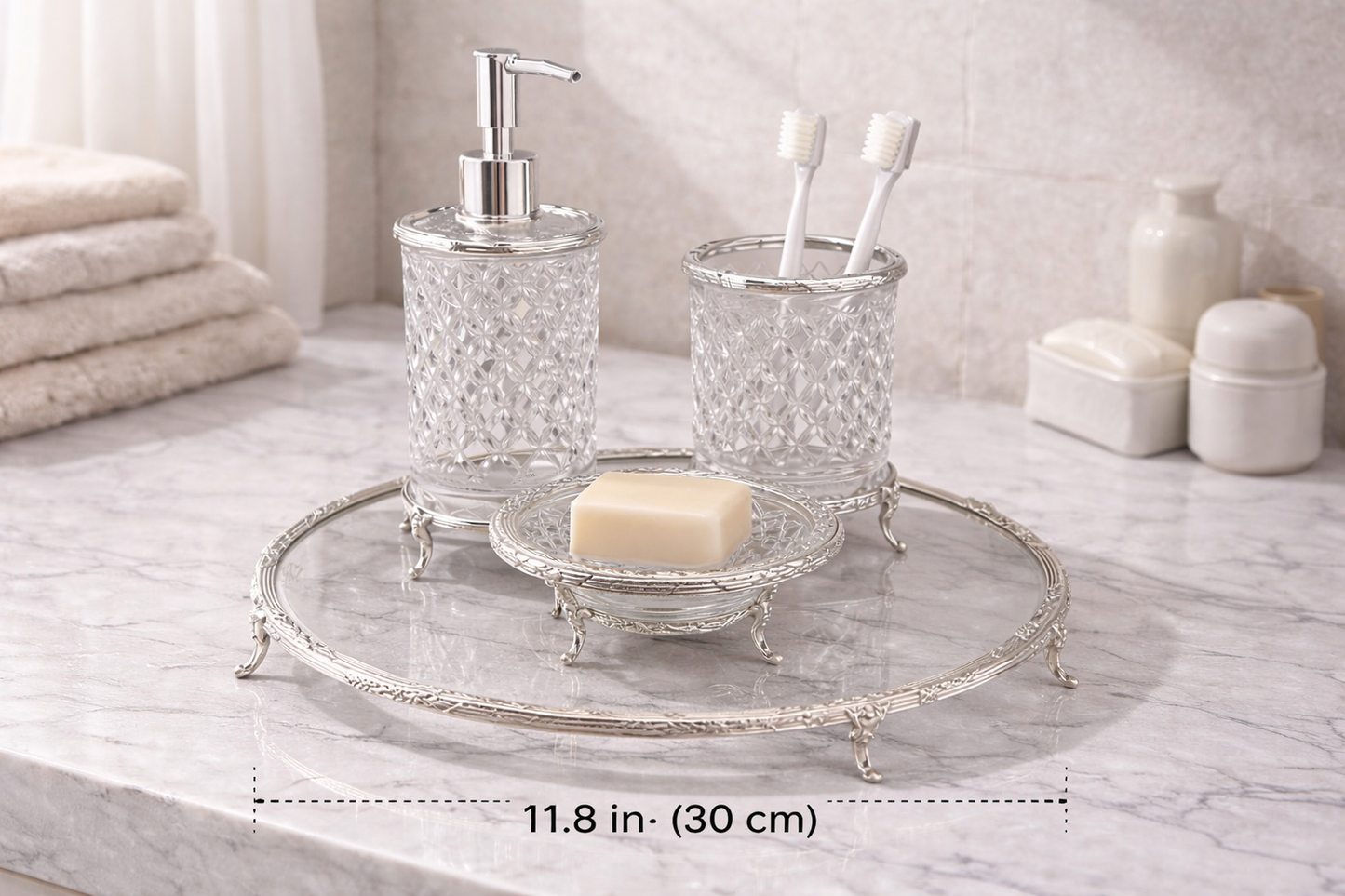 Silver Luxury 4 Piece Bathroom Accessory Set | Crystal Glass with Ornate Metal Stand | Soap Dispenser, Dish, Toothbrush Holder & Tray