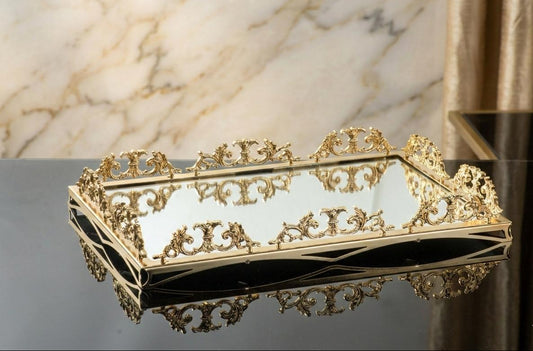 Large Mirrored Gold Vanity Tray - Decorative Serving Tray for Perfume, Jewelry & Makeup Organizer