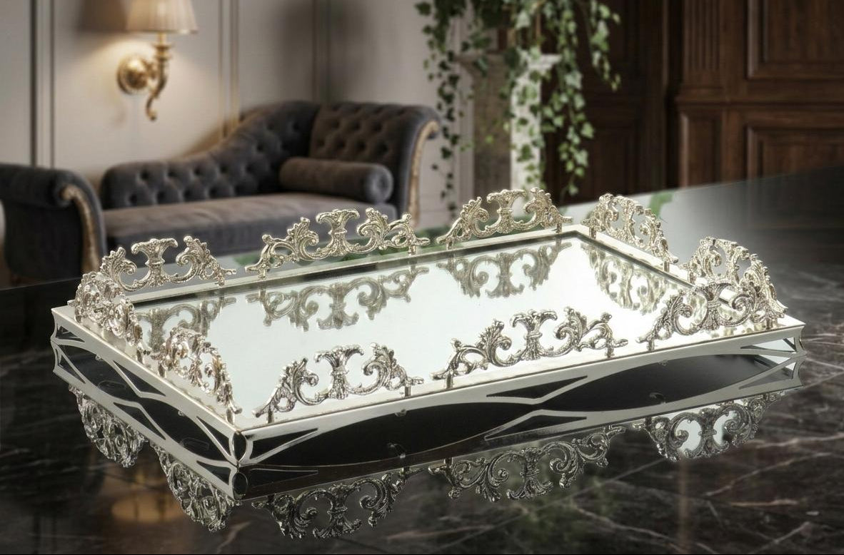 Large Mirrored Silver Vanity Tray - Decorative Serving Tray for Perfume, Jewelry & Makeup Organizer