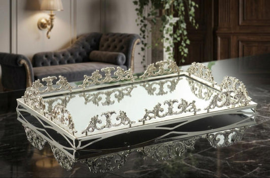 Large Mirrored Silver Vanity Tray - Decorative Serving Tray for Perfume, Jewelry & Makeup Organizer