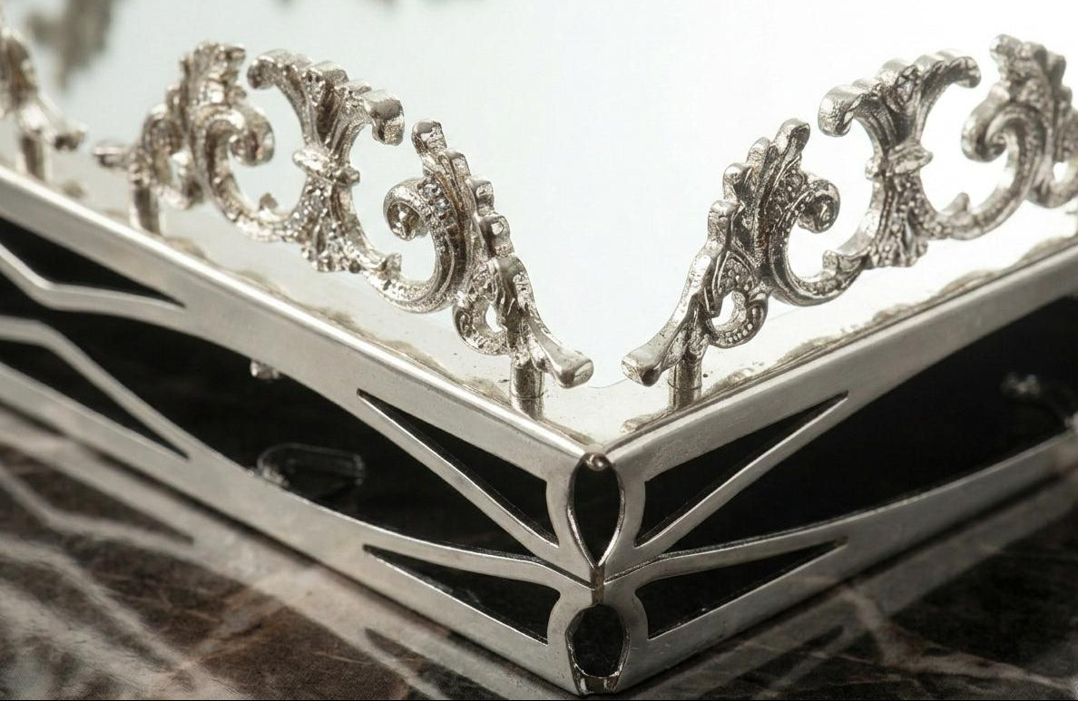 Large Mirrored Silver Vanity Tray - Decorative Serving Tray for Perfume, Jewelry & Makeup Organizer